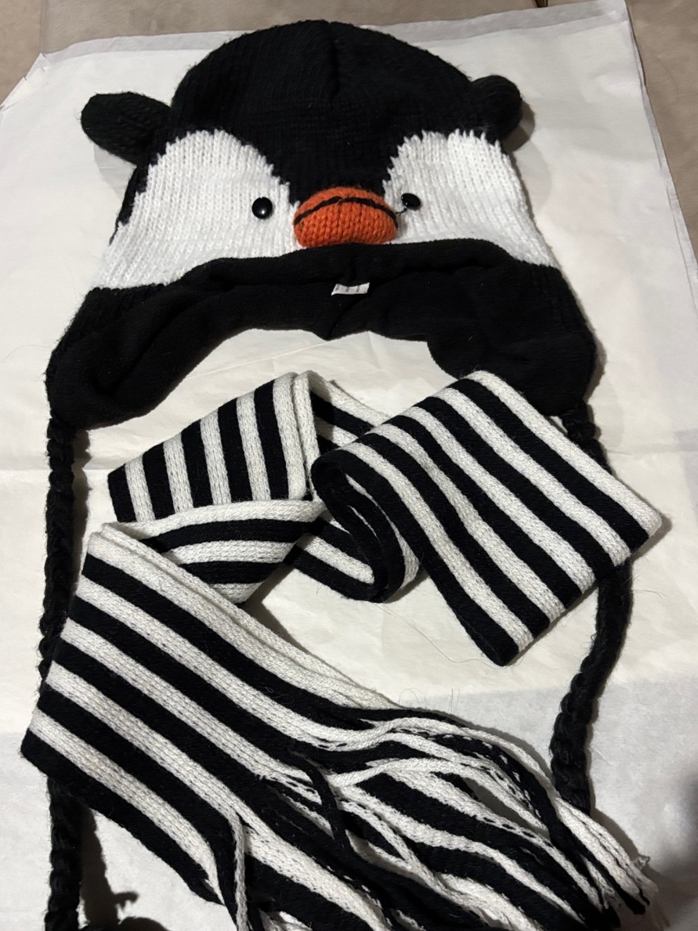 Black & White Penguin Knit Hat with Striped Scarf and Earflaps